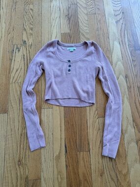 Women’s American Eagle Pink Ribbed Cropped Henley Top